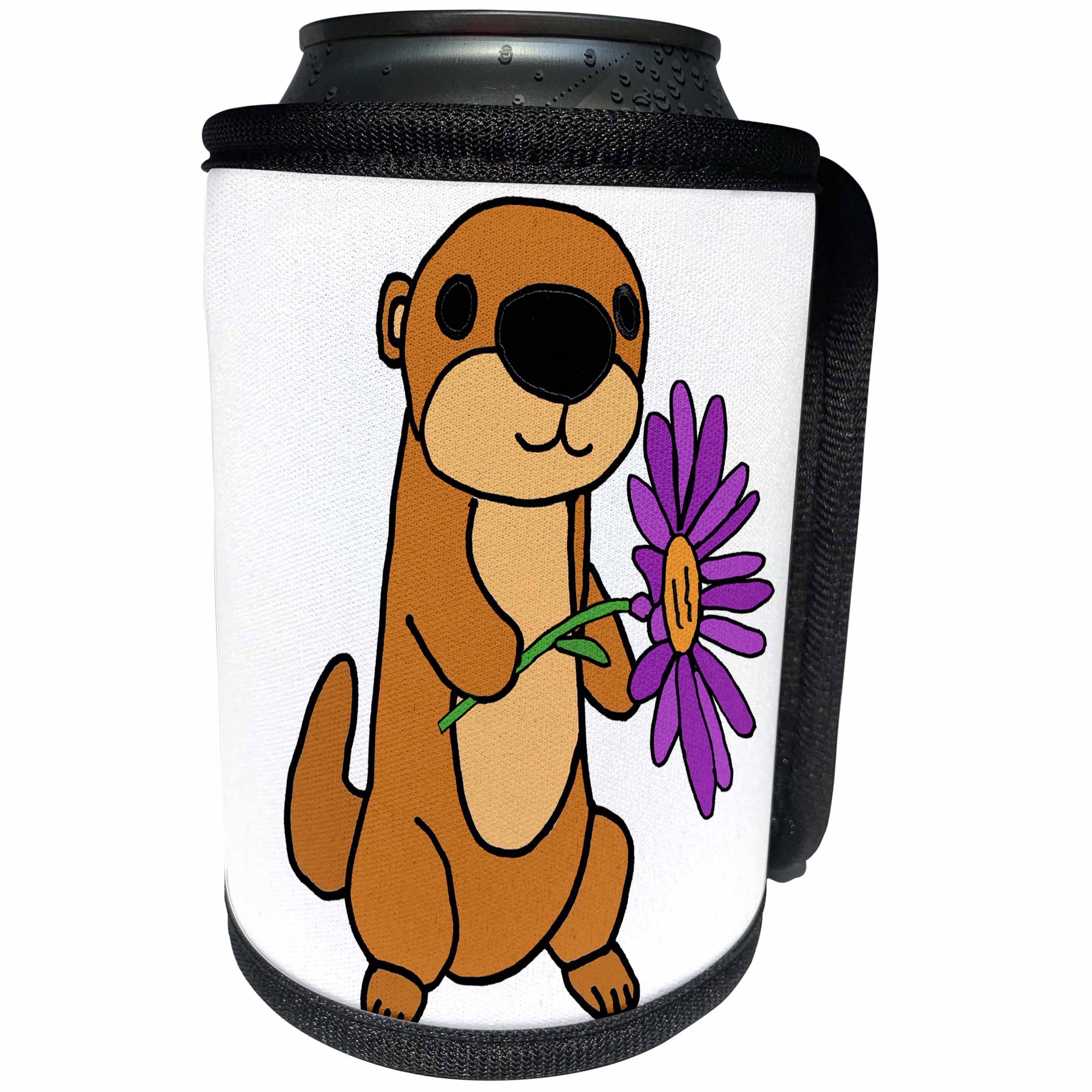 3dRose All Smiles Art Animals - Funny Cute Baby Sea Otter with Purple Daisy Flower Cartoon - Can Cooler Bottle Wrap (cc_288164)