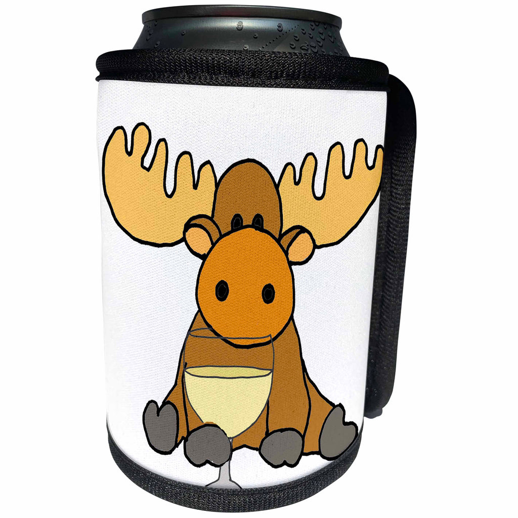 3dRose All Smiles Art Drinking - Funny Cute Moose Drinking White Wine Cartoon - Can Cooler Bottle Wrap (cc_288173)