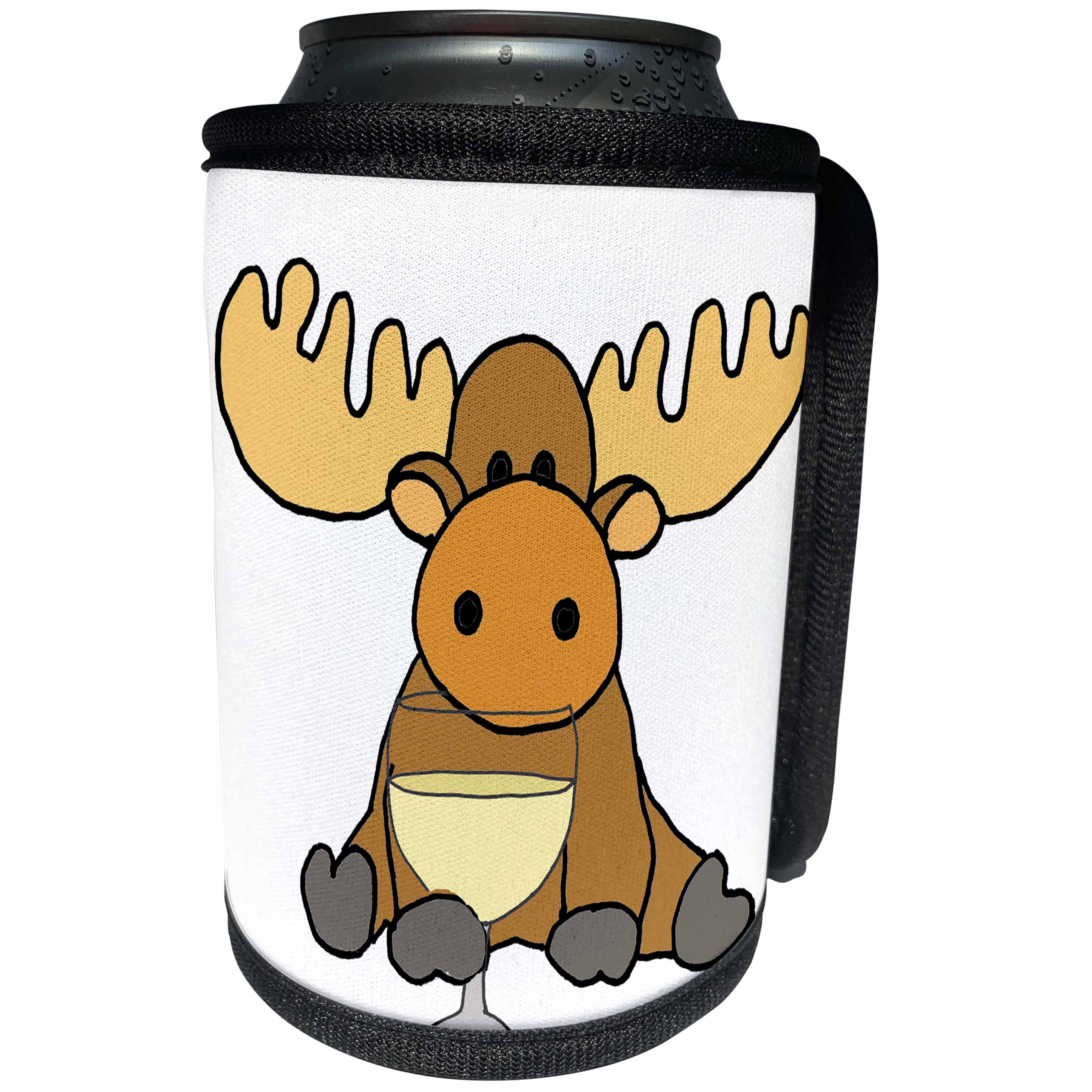 3dRose All Smiles Art Drinking - Funny Cute Moose Drinking White Wine Cartoon - Can Cooler Bottle Wrap (cc_288173)