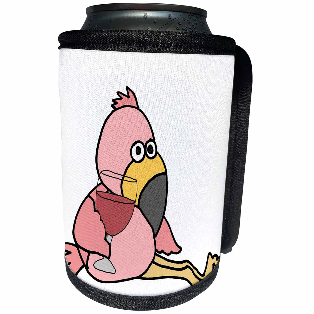 3dRose All Smiles Art Birds - Cute Funny Baby Pink Flamingo Bird Drinking Wine Cartoon - Can Cooler Bottle Wrap (cc_288179)