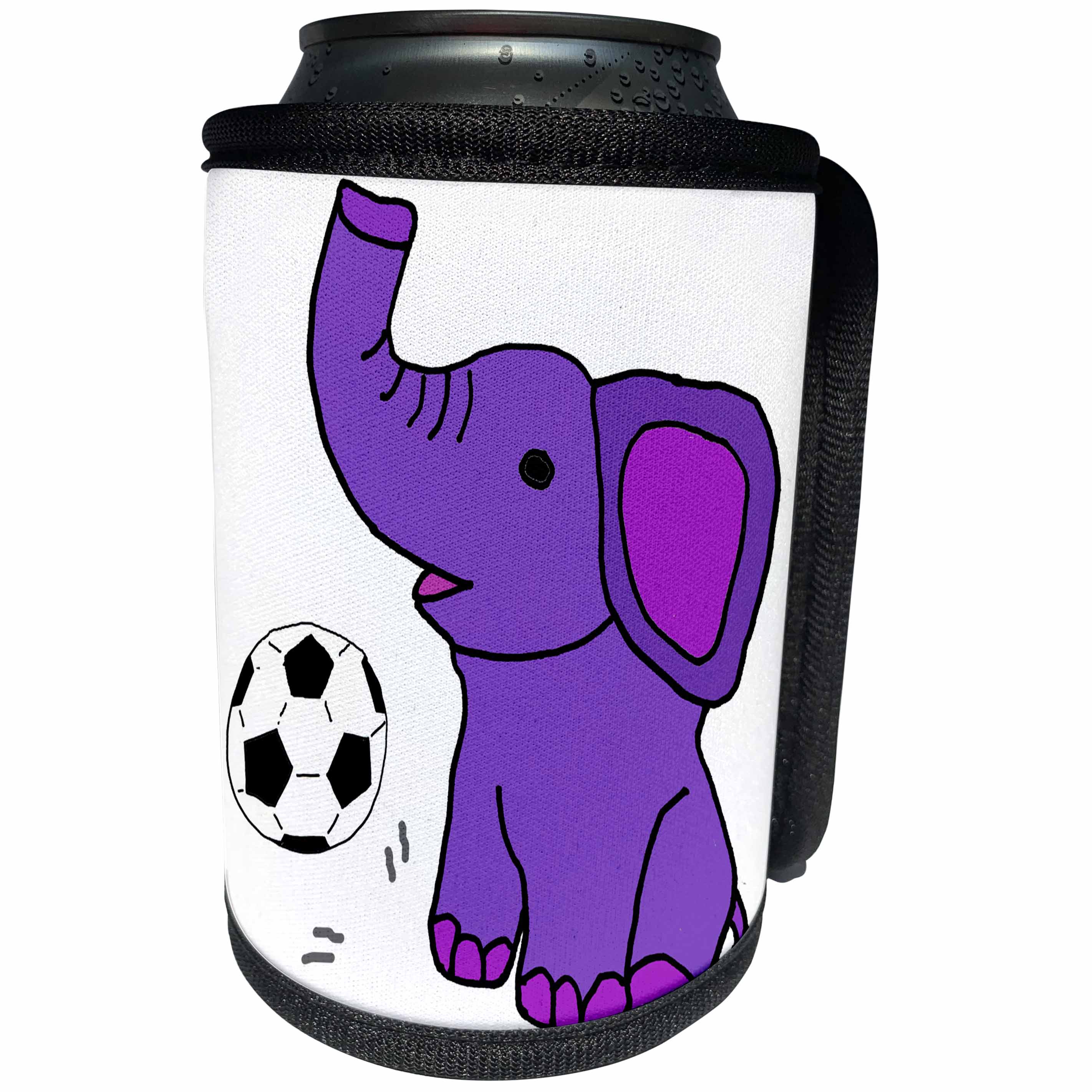 3dRose All Smiles Art Sports and Hobbies - Cute Funny Baby Purple Elephant Playing Soccer or Football - Can Cooler Bottle Wrap (cc_288183)