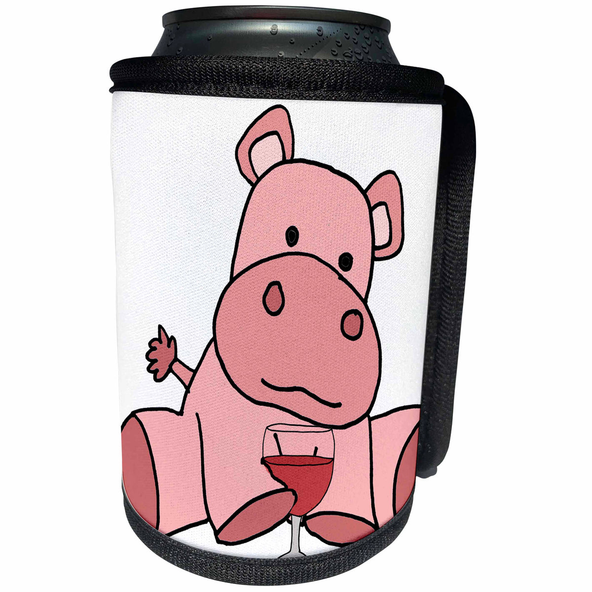 3dRose All Smiles Art Drinking - Cute Funny Pink Hippo Cartoon Drinking Wine Cartoon - Can Cooler Bottle Wrap (cc_288189)