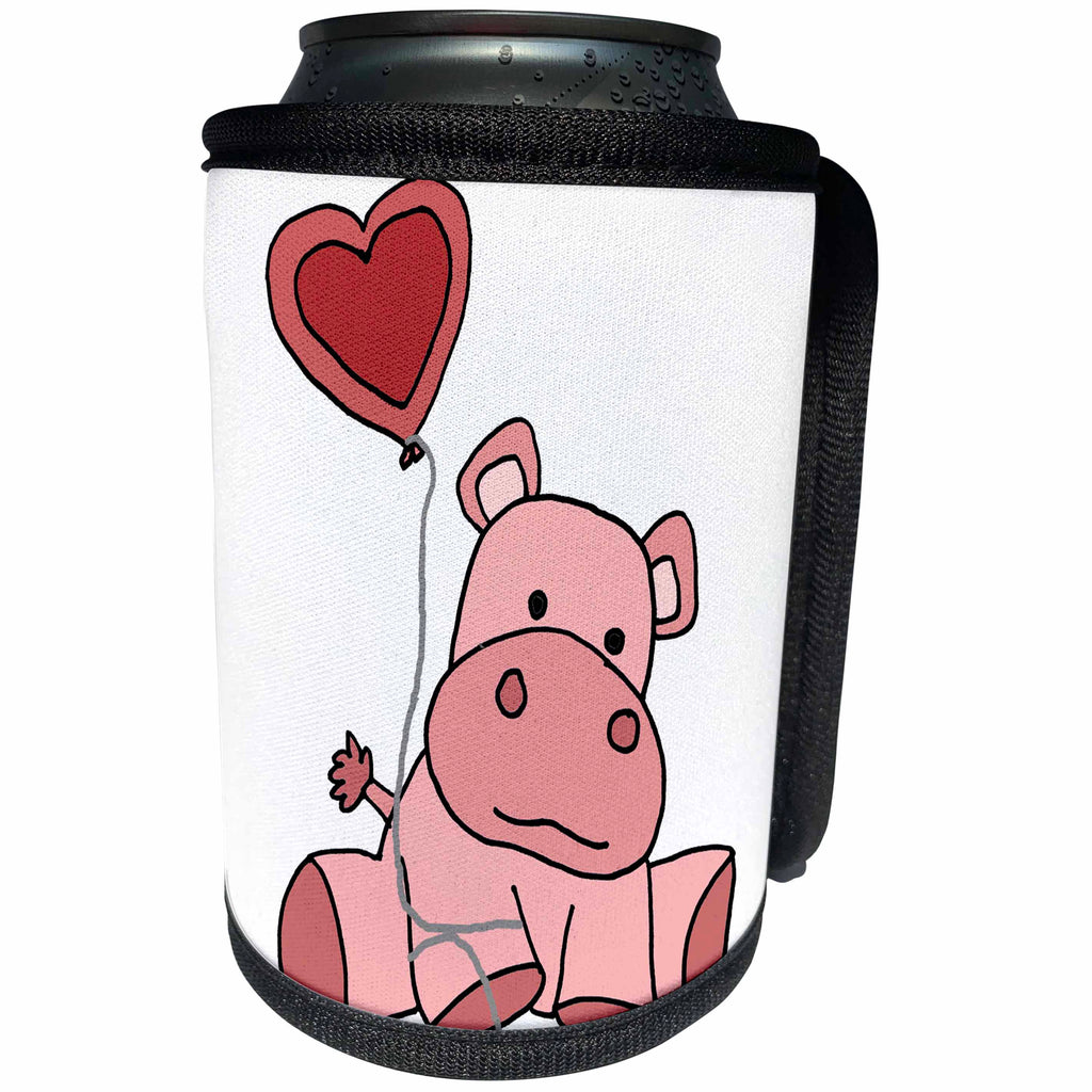 3dRose All Smiles Art Animals - Cute Funny Baby Pink Hippo with Heart Love Balloon Cartoon - Can Cooler Bottle Wrap (cc_288190)