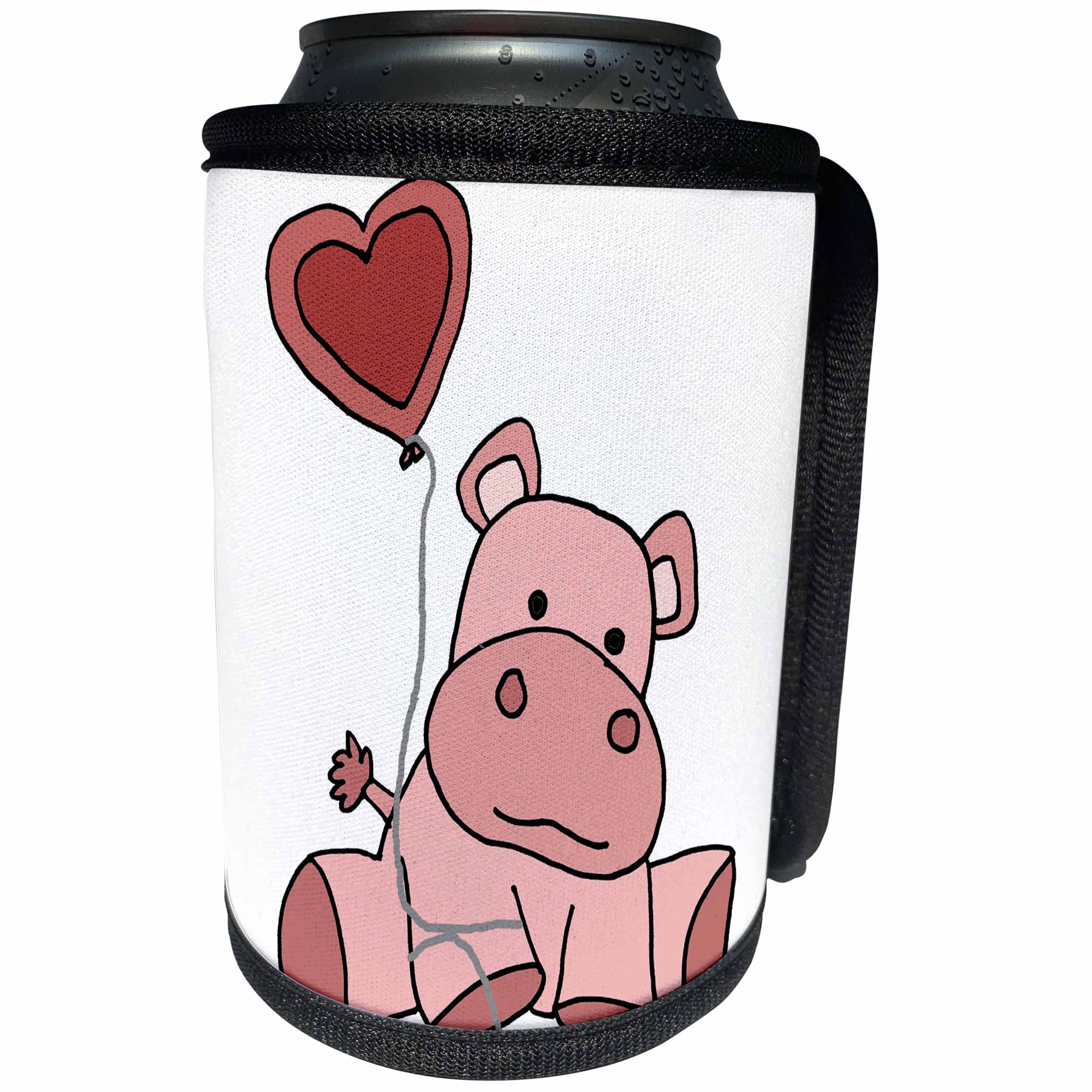 3dRose All Smiles Art Animals - Cute Funny Baby Pink Hippo with Heart Love Balloon Cartoon - Can Cooler Bottle Wrap (cc_288190)
