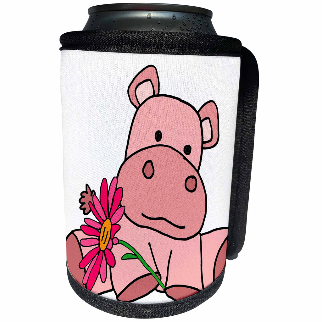 3dRose All Smiles Art Animals - Cute Funny Baby Pink Hippo with Pink Daisy Flower Cartoon - Can Cooler Bottle Wrap (cc_288191)