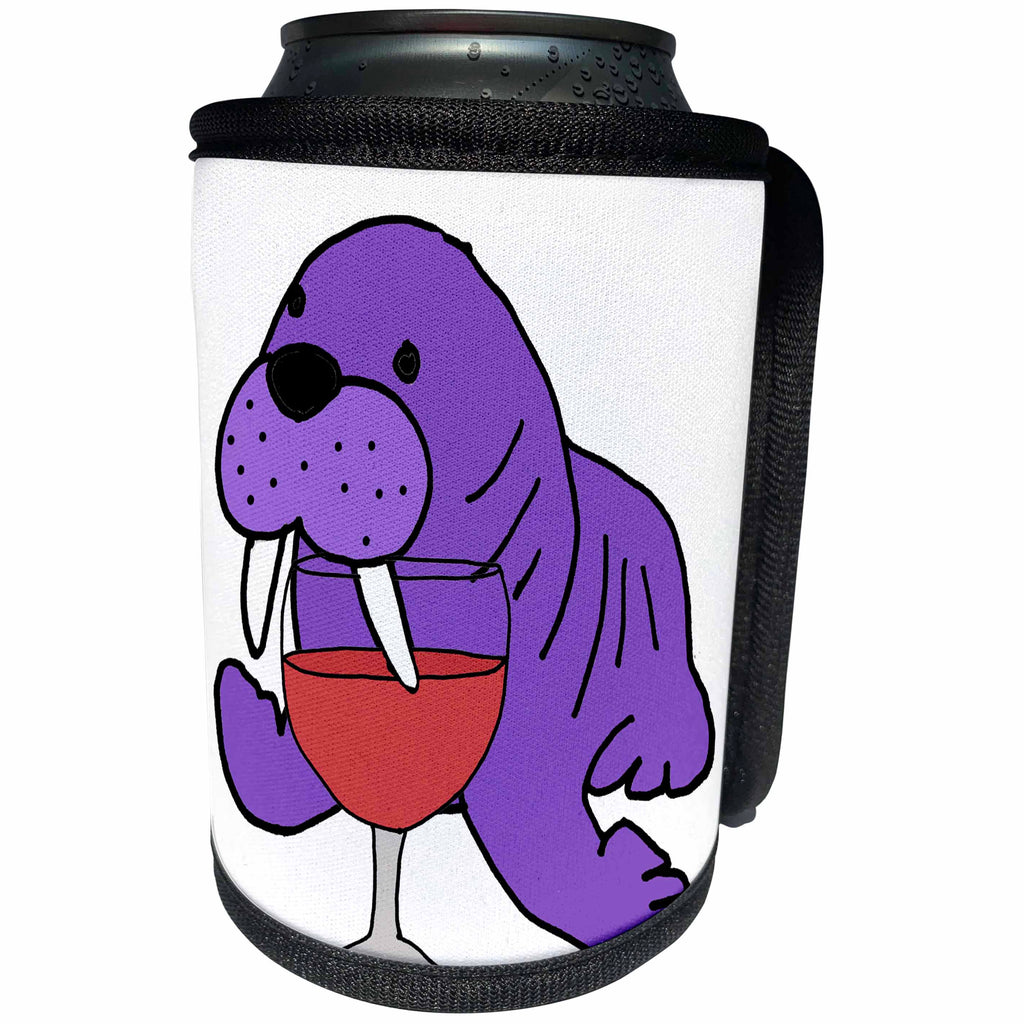 3dRose All Smiles Art Drinking - Cute Funny Purple Walrus Drinking Wine Cartoon - Can Cooler Bottle Wrap (cc_288193)