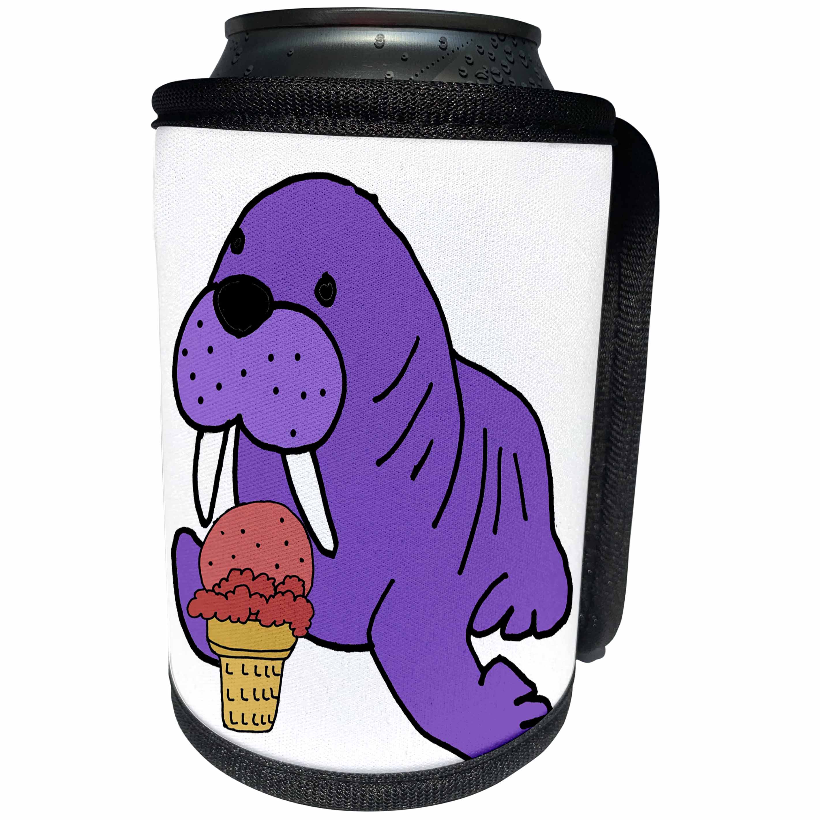 3dRose All Smiles Art Animals - Cute Funny Baby Purple Walrus eating Ice Cream Cone - Can Cooler Bottle Wrap (cc_288194)