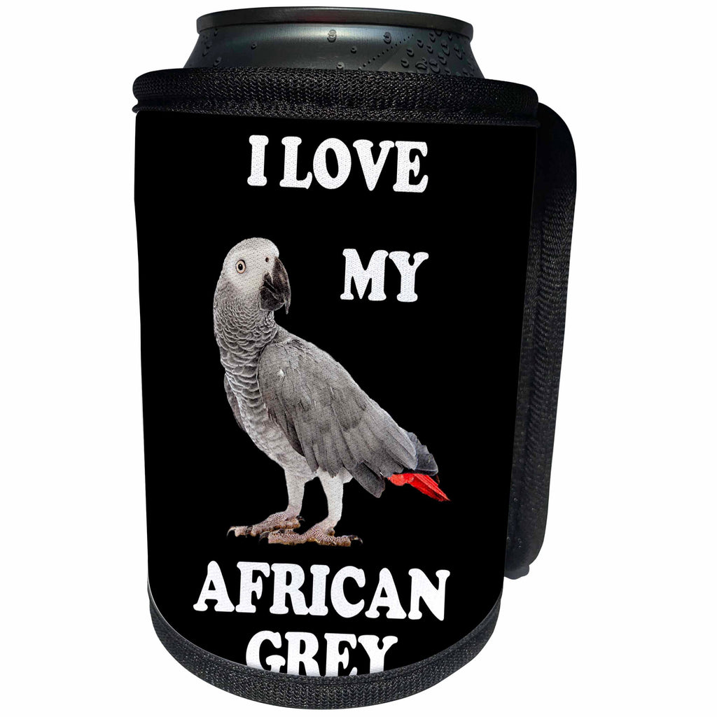 3dRose Sven Herkenrath Animal - I Love My African Grey Cute Parrot On Black Background - Can Cooler Bottle Wrap (cc_288308)