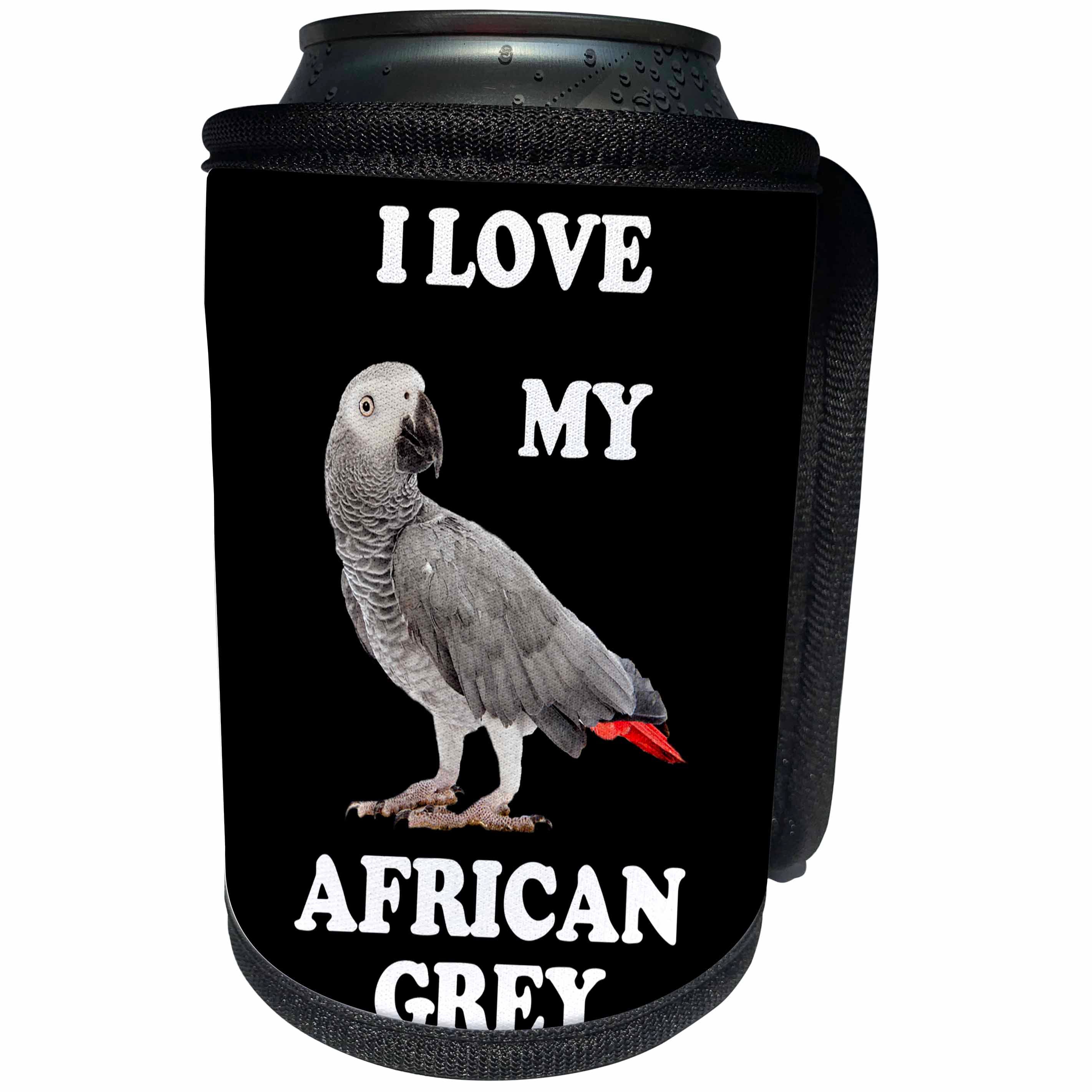 3dRose Sven Herkenrath Animal - I Love My African Grey Cute Parrot On Black Background - Can Cooler Bottle Wrap (cc_288308)