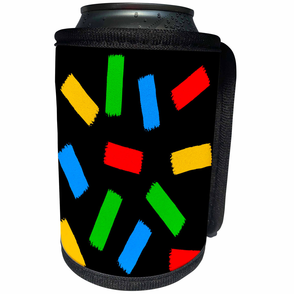3dRose Alexis Design - Abstract - Yellow, green, blue, red color brush strokes on black background - Can Cooler Bottle Wrap (cc_288368)