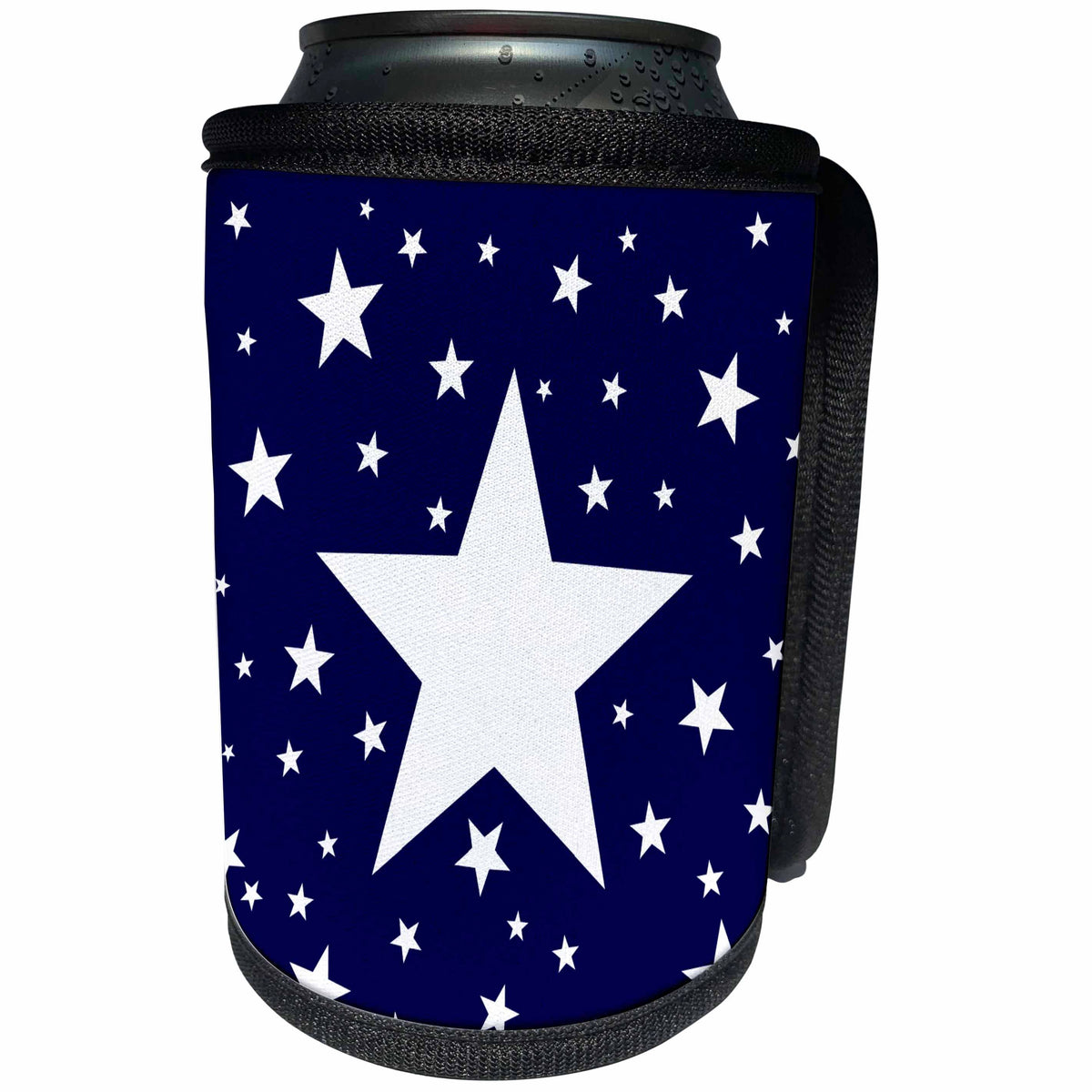 3dRose Alexis Design - America - Fifty Stars Of Freedom. Large, small white stars on navy blue - Can Cooler Bottle Wrap (cc_288371)