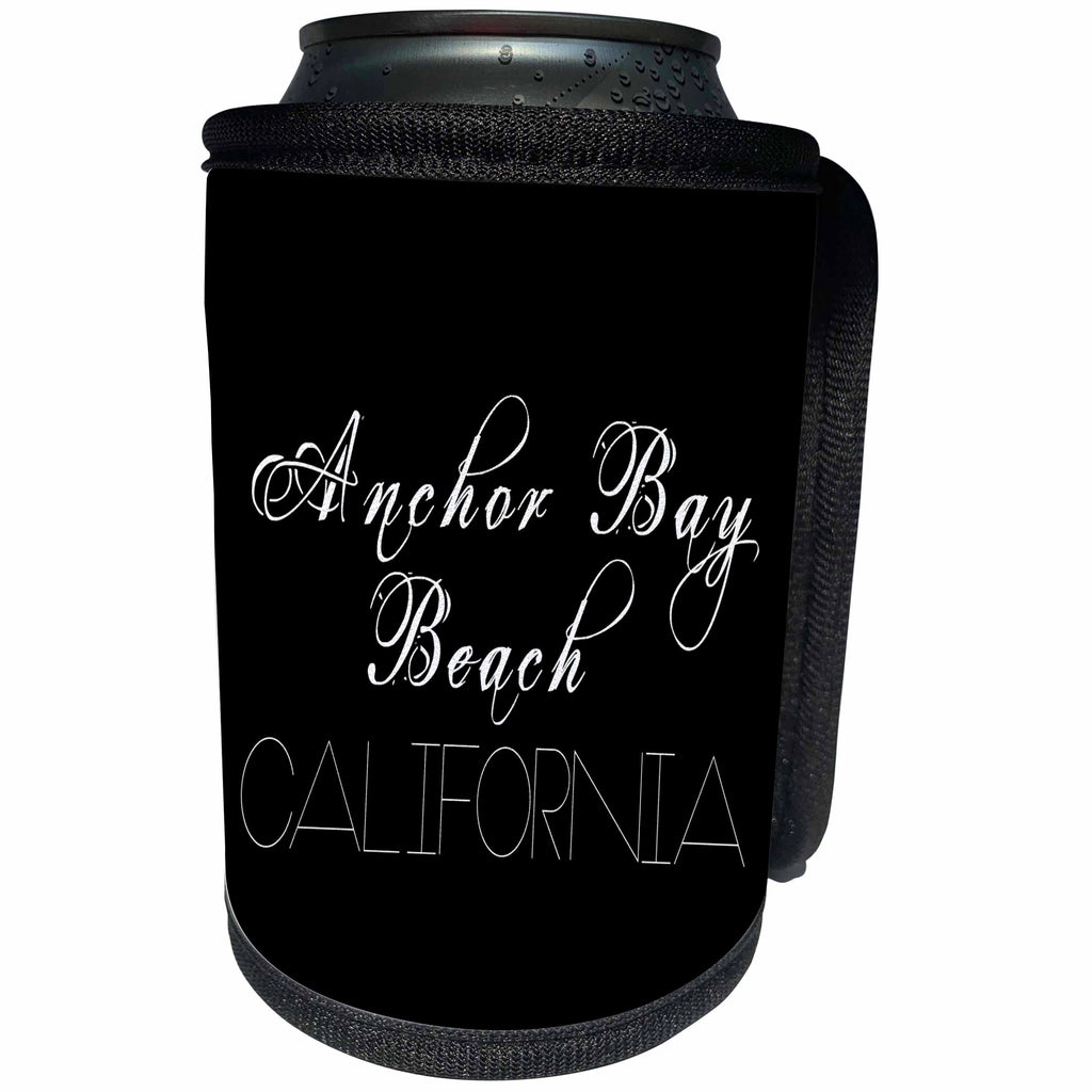 3dRose Alexis Design - American Beaches - Anchor Bay Beach, California. Elegant white text on black backdrop - Can Cooler Bottle Wrap (cc_288379)