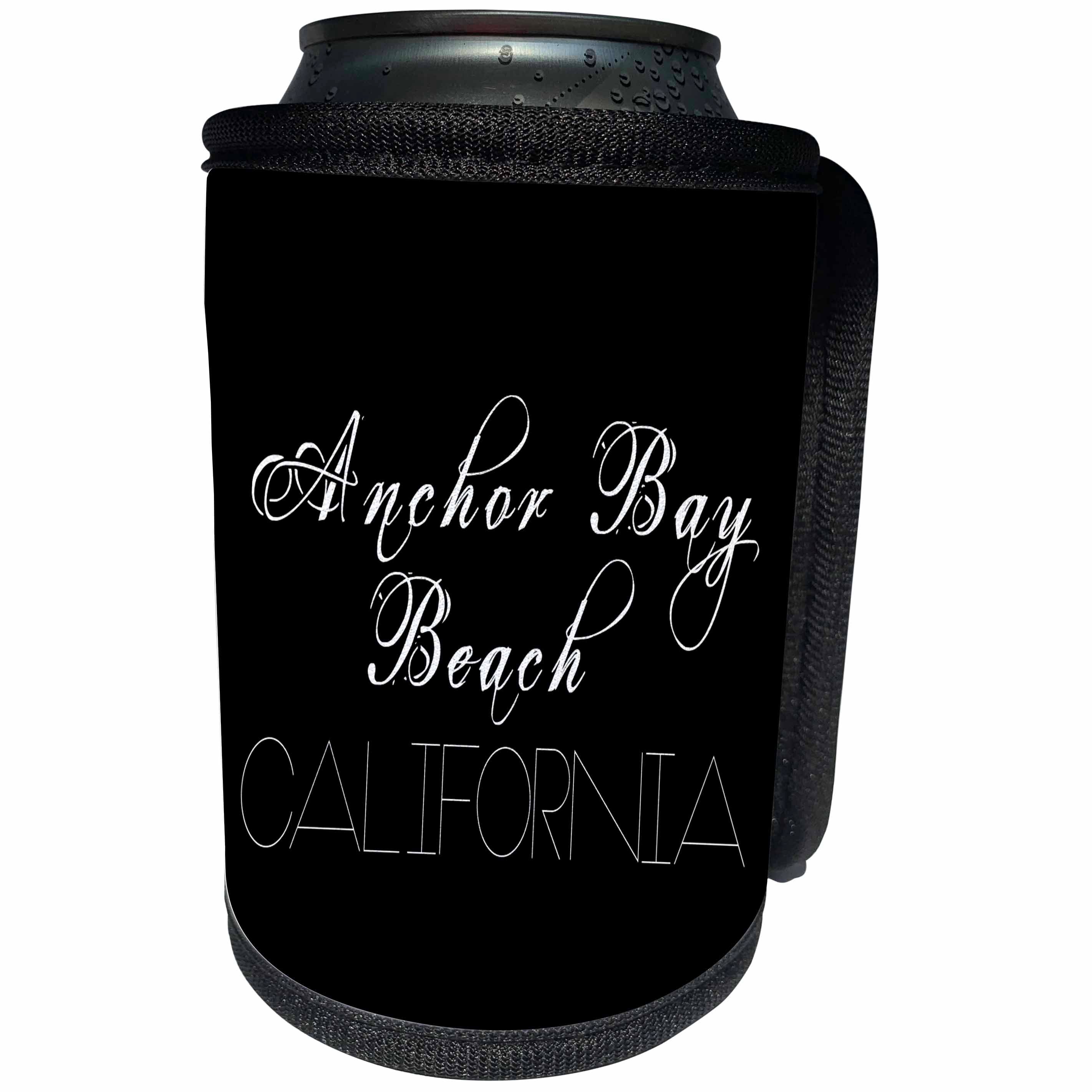 3dRose Alexis Design - American Beaches - Anchor Bay Beach, California. Elegant white text on black backdrop - Can Cooler Bottle Wrap (cc_288379)
