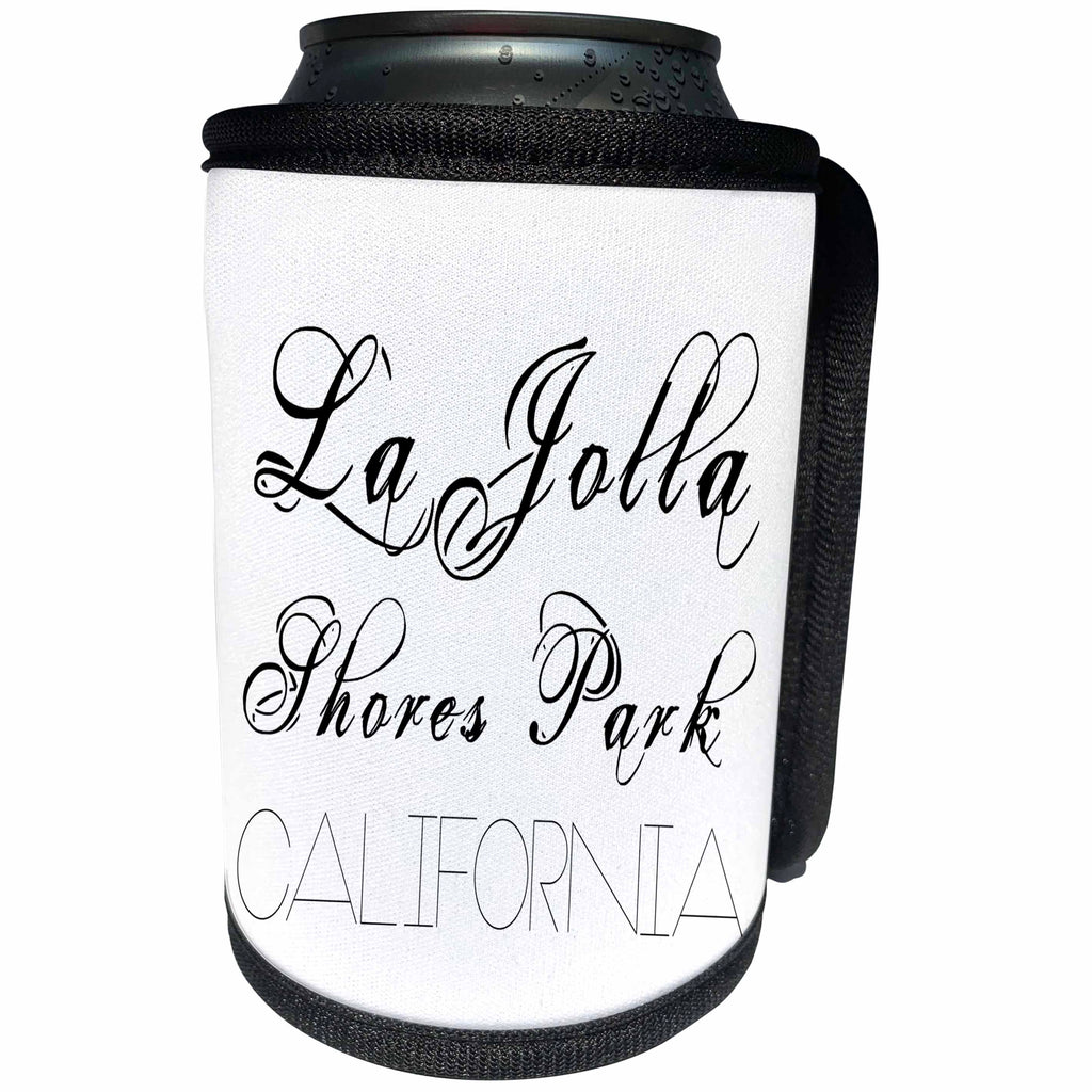 3dRose Alexis Design - American Beaches - La Jolla Shores Park, California. Black text on white - Can Cooler Bottle Wrap (cc_288392)