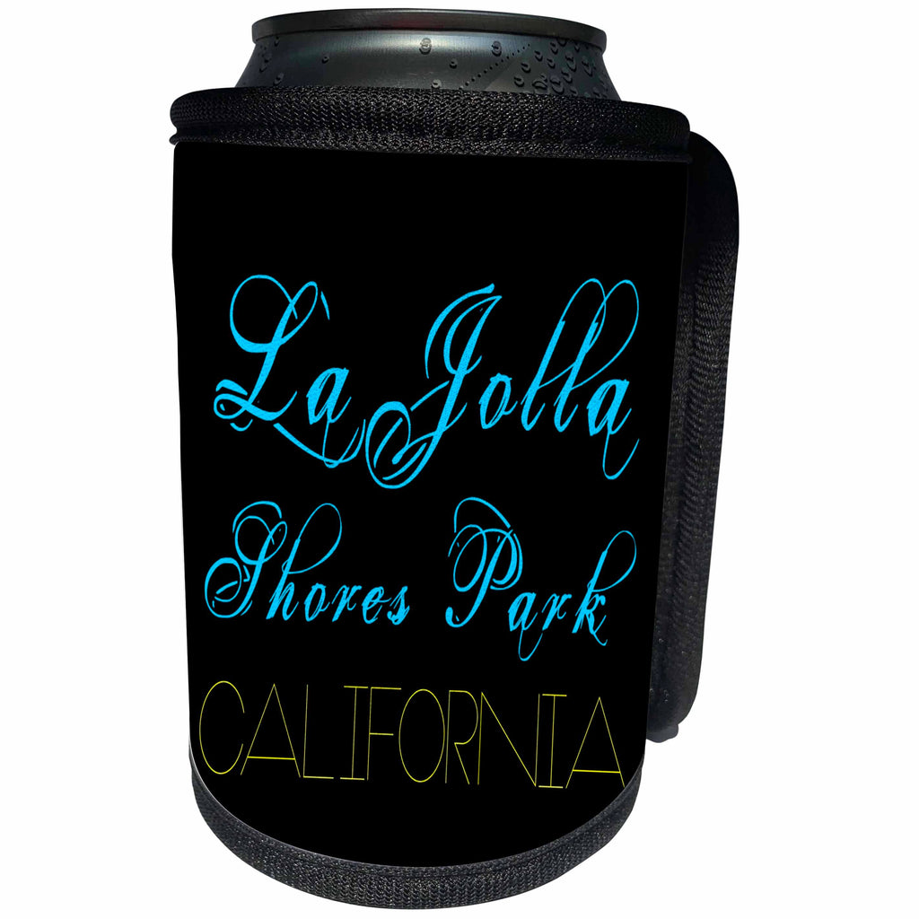 3dRose Alexis Design - American Beaches - La Jolla Shores Park, California. Blue, yellow text on black - Can Cooler Bottle Wrap (cc_288394)