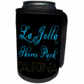 3dRose Alexis Design - American Beaches - La Jolla Shores Park, California. Blue, yellow text on black - Can Cooler Bottle Wrap (cc_288394)