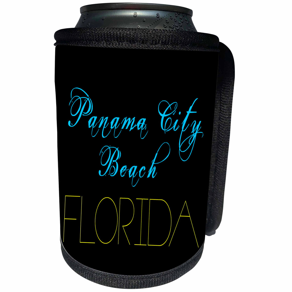 3dRose Alexis Design - American Beaches - Panama City Beach, Florida. Blue, yellow text on black - Can Cooler Bottle Wrap (cc_288410)