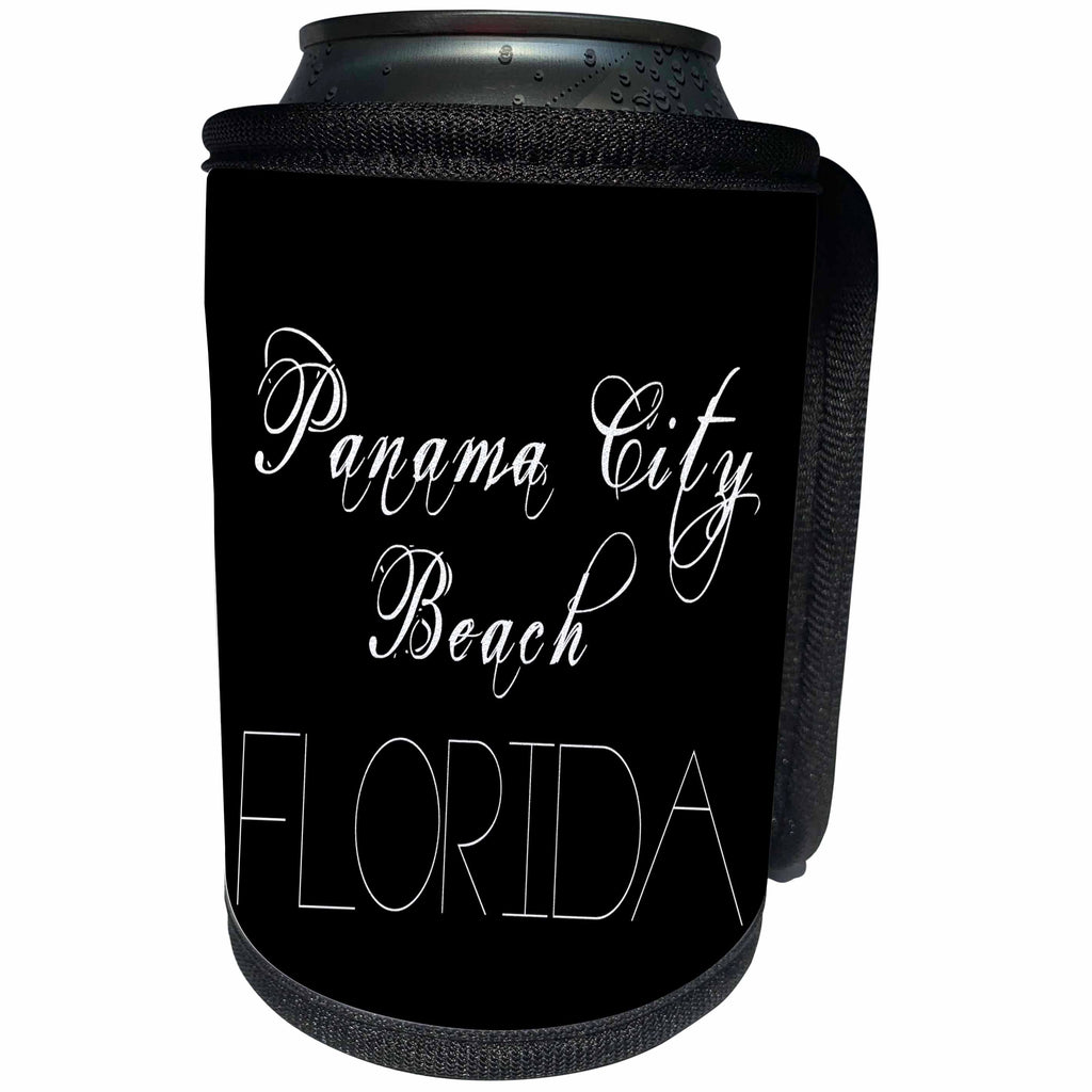 3dRose Alexis Design - American Beaches - Panama City Beach, Florida. White text on black - Can Cooler Bottle Wrap (cc_288411)
