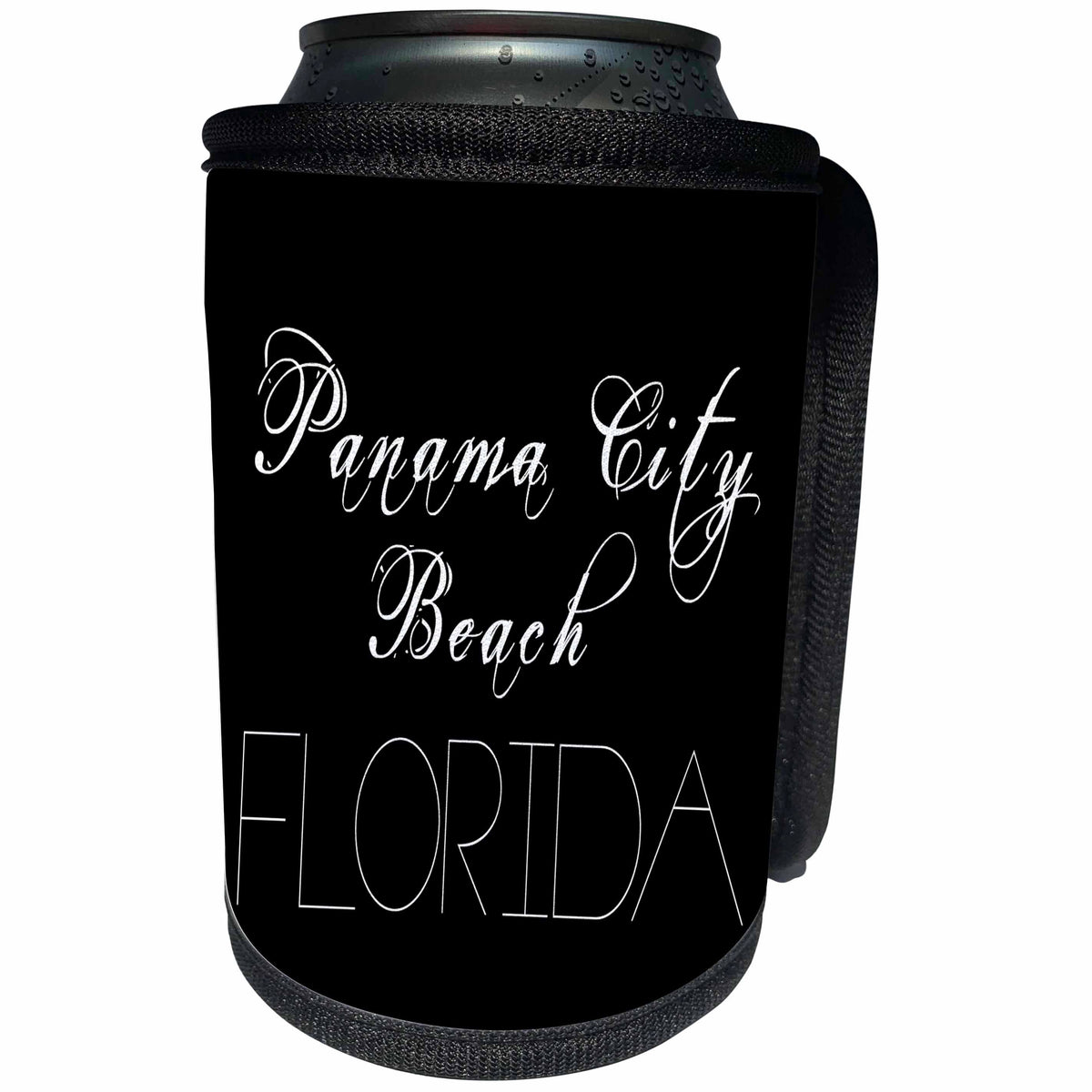 3dRose Alexis Design - American Beaches - Panama City Beach, Florida. White text on black - Can Cooler Bottle Wrap (cc_288411)