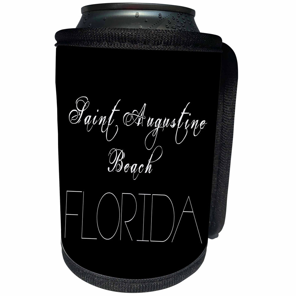 3dRose Alexis Design - American Beaches - Saint Augustine Beach, Florida. White text on black - Can Cooler Bottle Wrap (cc_288415)