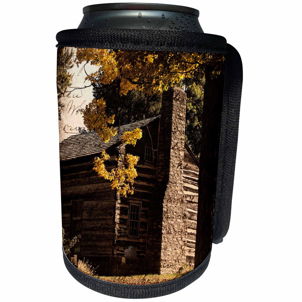 3dRose Cassie Peters Photography - A Log Cabin in Autumn - Can Cooler Bottle Wrap (cc_288431)
