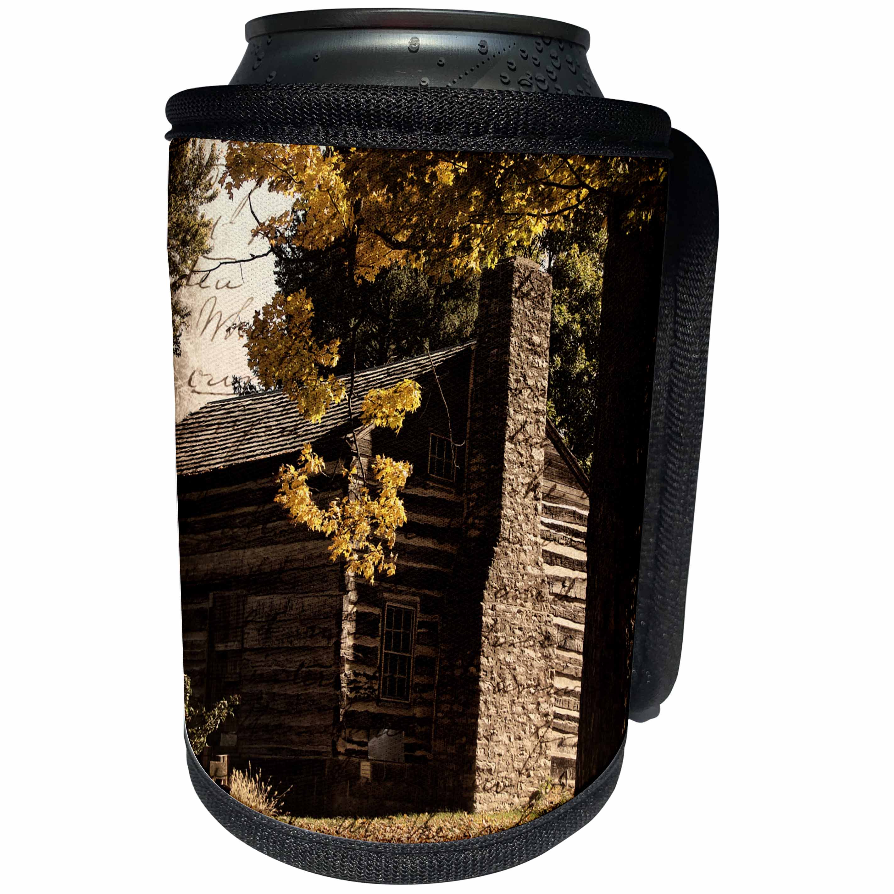 3dRose Cassie Peters Photography - A Log Cabin in Autumn - Can Cooler Bottle Wrap (cc_288431)