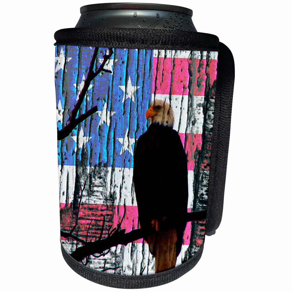 3dRose Cassie Peters Birds - Bald Eagle and American Flag Grunge - Can Cooler Bottle Wrap (cc_288457)