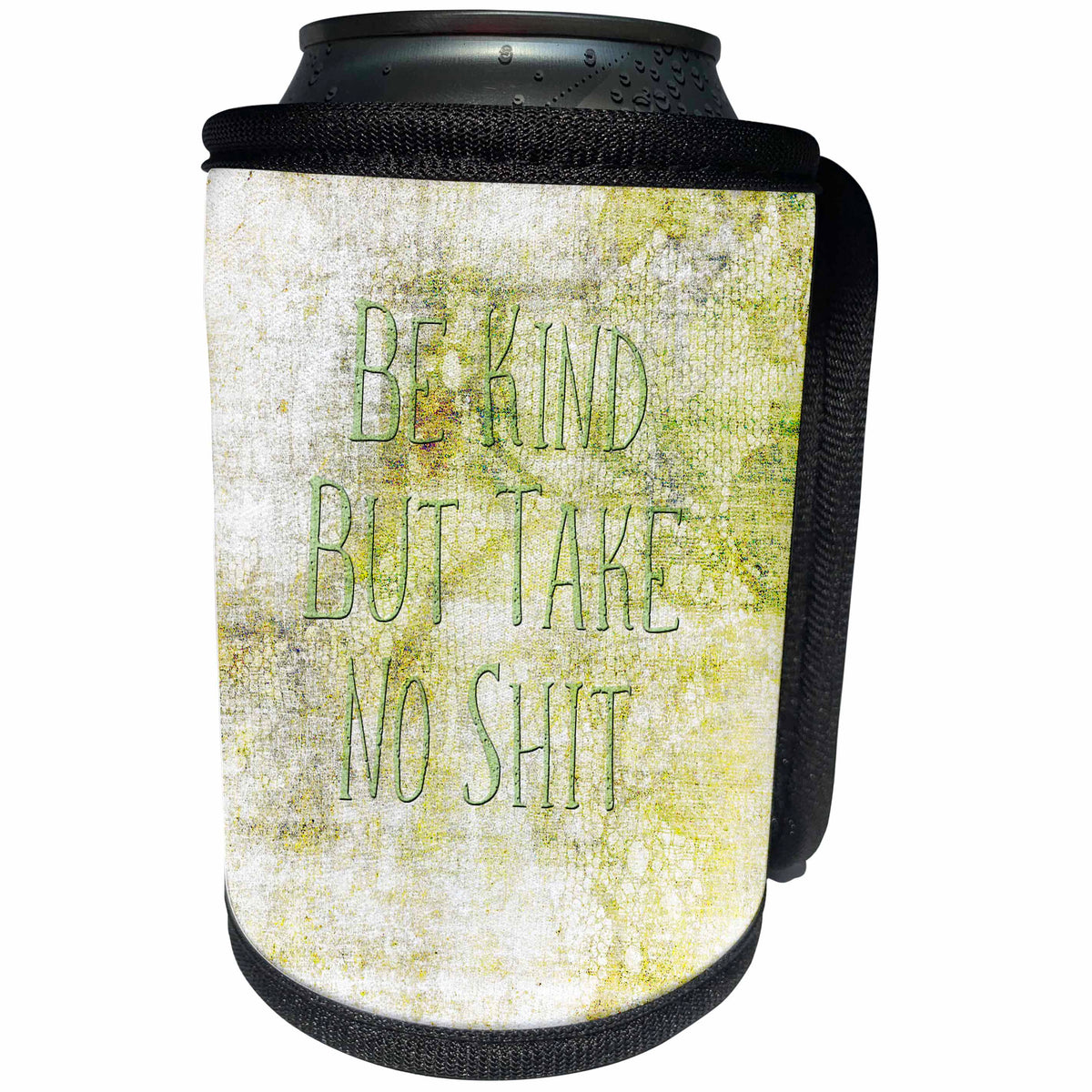 3dRose Cassie Peters Four Letter Words - Lace-Like Green Grunge Abstract Digital Art Be Kind But Take No Shit - Can Cooler Bottle Wrap (cc_288469)