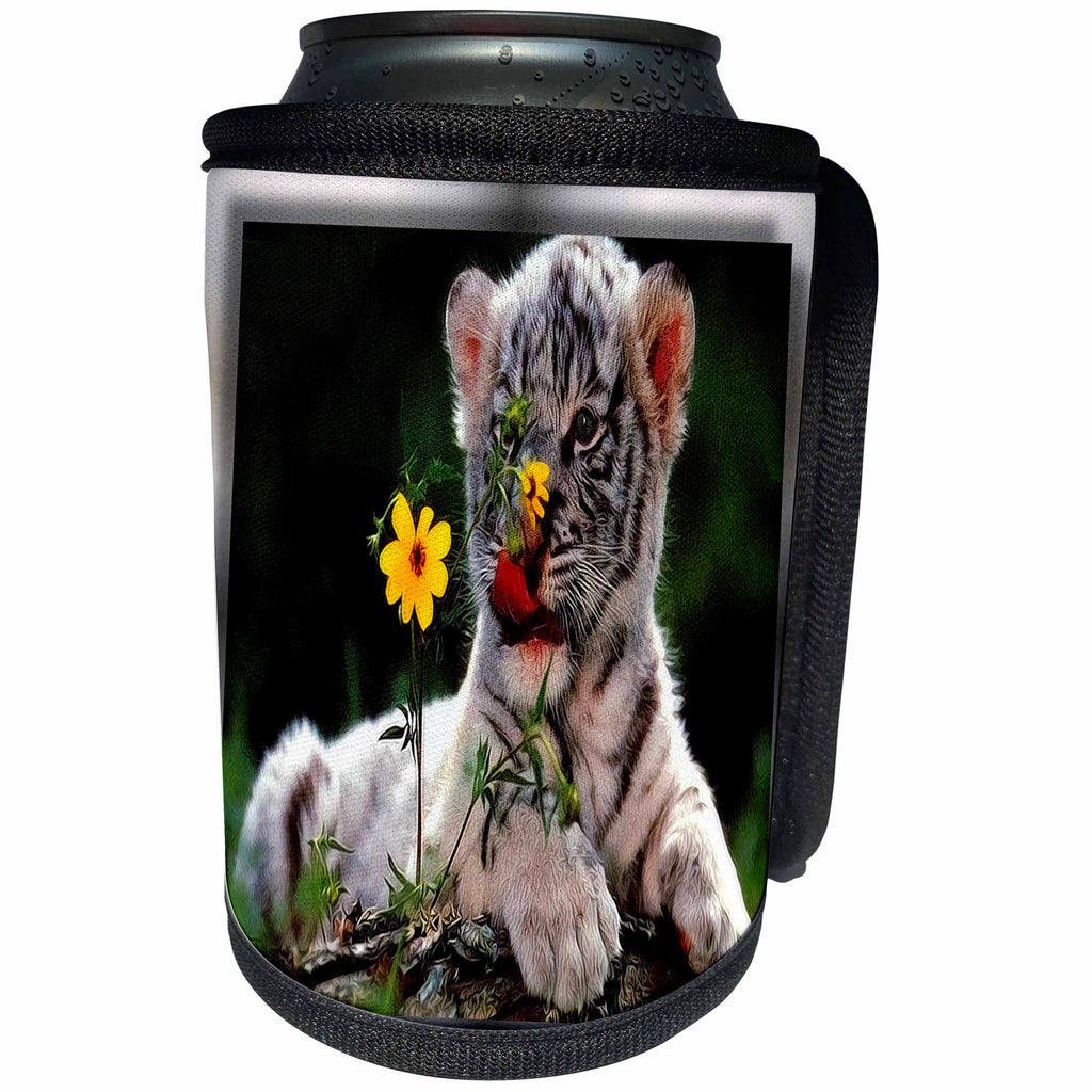 3dRose Susan Brown Designs Animal Themes - White Tiger Cub Licking Flowers - Can Cooler Bottle Wrap (cc_28848)