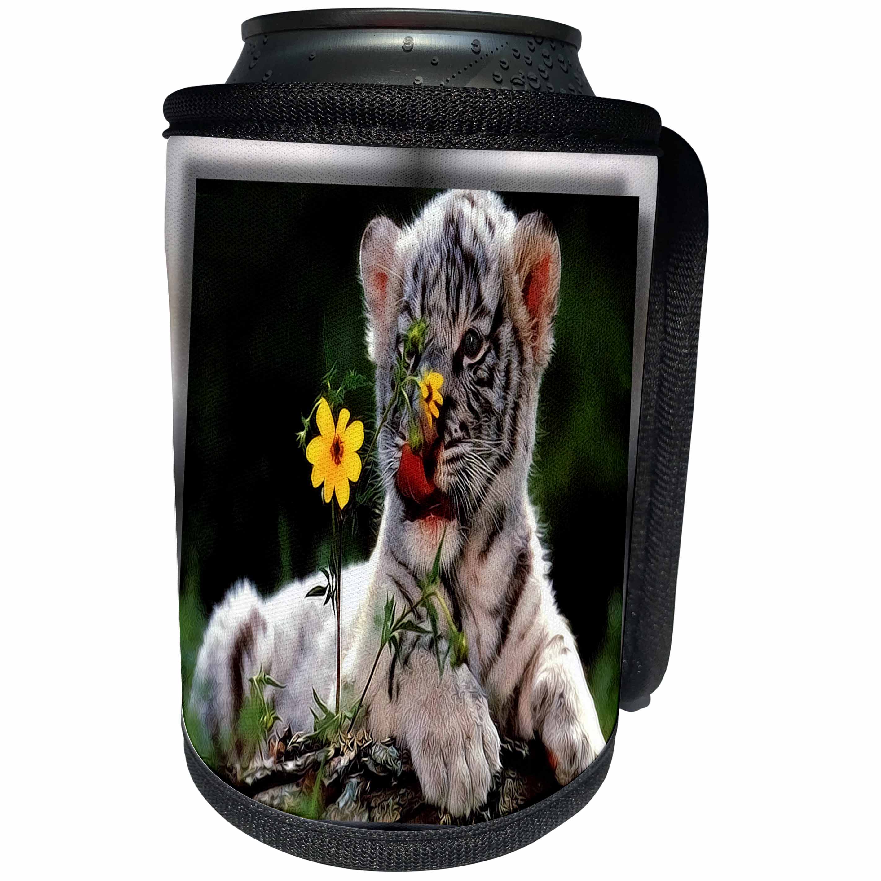 3dRose Susan Brown Designs Animal Themes - White Tiger Cub Licking Flowers - Can Cooler Bottle Wrap (cc_28848)