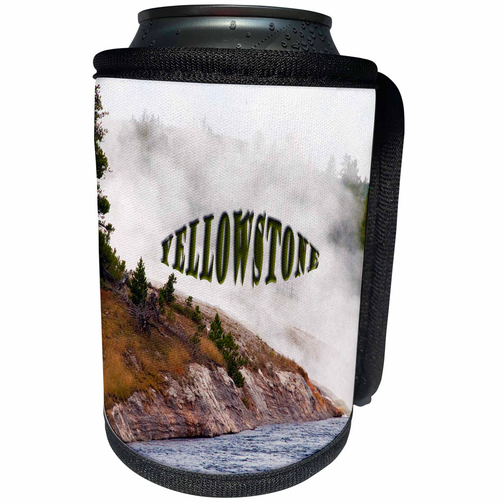 3dRose Jos Fauxtographee- Yellowstone Geyser - Yellowstone written atop a geyser in the park - Can Cooler Bottle Wrap (cc_288618)