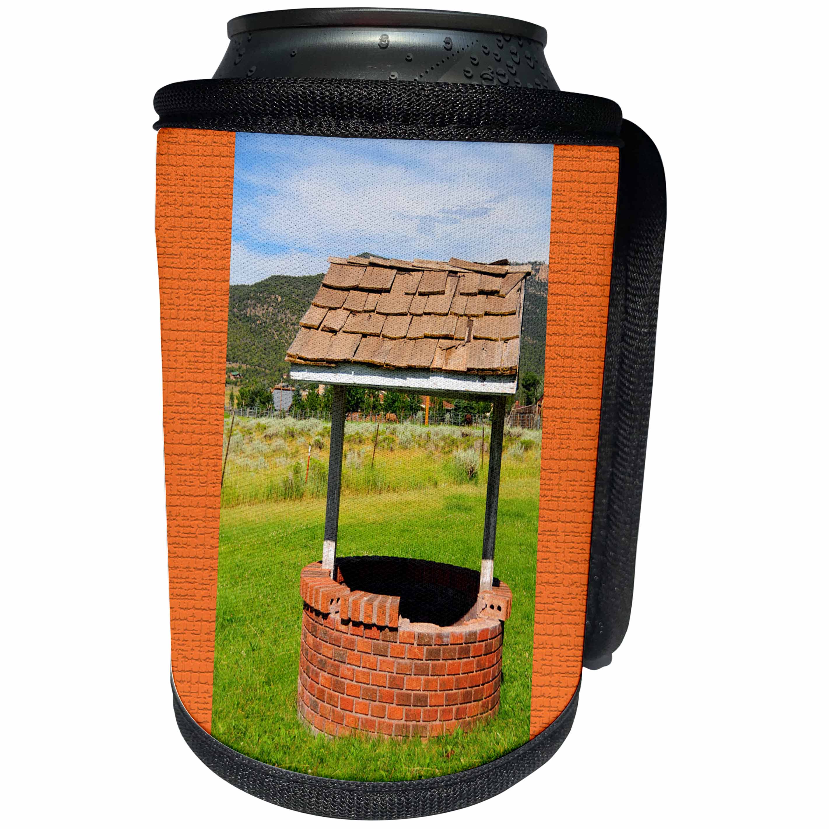 3dRose Jos Fauxtographee- Wishing Well - A wishing well with an orange frame on both sides - Can Cooler Bottle Wrap (cc_288627)