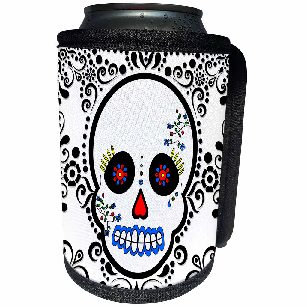 3dRose Janna Salak Designs Day of the Dead - Day of the Dead Skull Día de los Muertos Sugar Skull Red Black Scroll Design - Can Cooler Bottle Wrap (cc_28865)