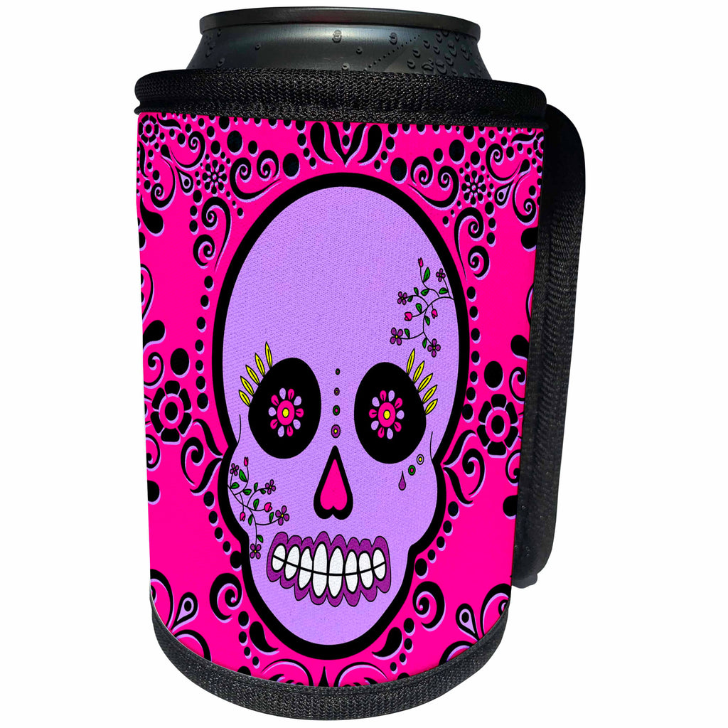 3dRose Janna Salak Designs Day of the Dead - Day of the Dead Skull Día de los Muertos Sugar Skull Purple Pink Black Scroll Design - Can Cooler Bottle Wrap (cc_28869)
