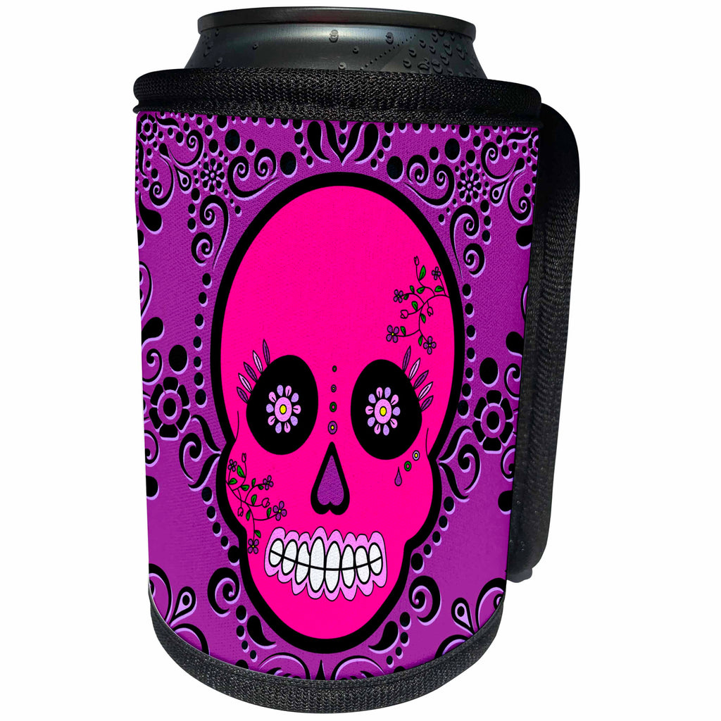 3dRose Janna Salak Designs Day of the Dead - Day of the Dead Skull Día de los Muertos Sugar Skull Pink Purple Black Scroll Design - Can Cooler Bottle Wrap (cc_28872)