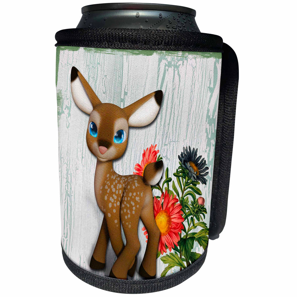 3dRose Spiritual Awakenings Animals - Adorable baby fawn with garden and flowers - Can Cooler Bottle Wrap (cc_288733)