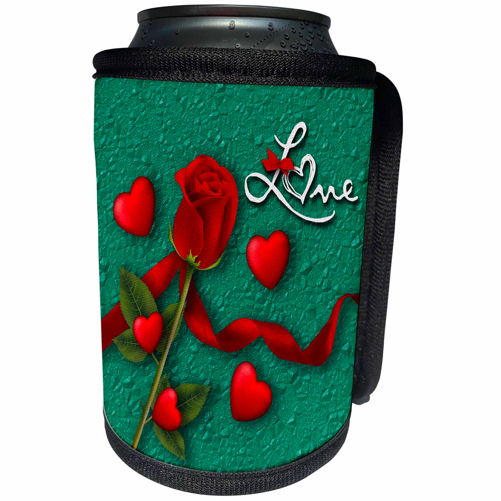 3dRose Spiritual Awakenings Flowers - Red Rose and Red Hearts on textured look background of green - Can Cooler Bottle Wrap (cc_288742)