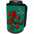 3dRose Spiritual Awakenings Flowers - Red Rose and Red Hearts on textured look background of green - Can Cooler Bottle Wrap (cc_288742)