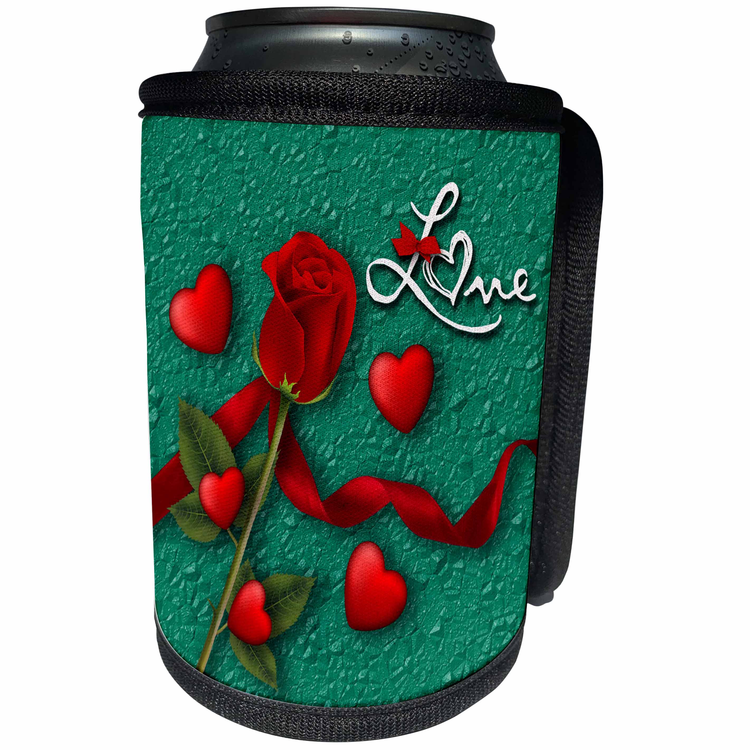3dRose Spiritual Awakenings Flowers - Red Rose and Red Hearts on textured look background of green - Can Cooler Bottle Wrap (cc_288742)