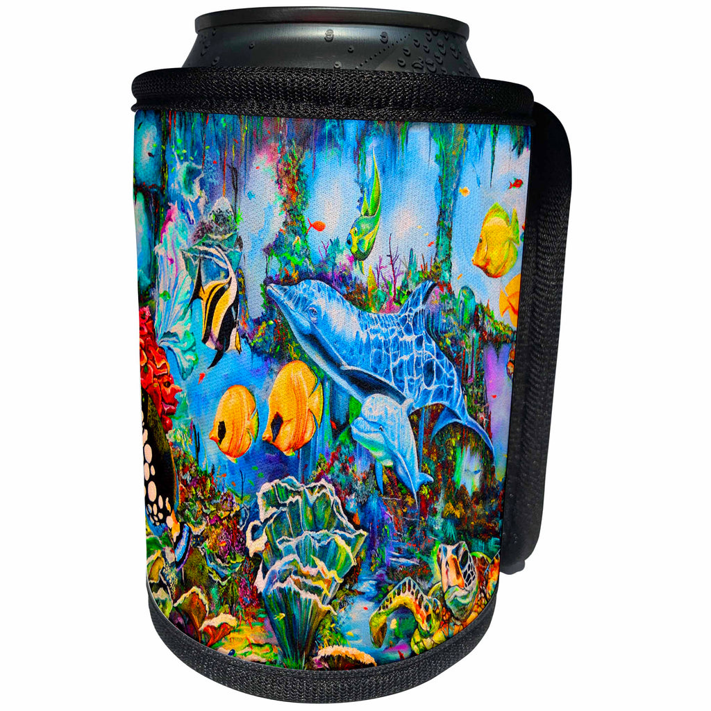 3dRose Spiritual Awakenings SeaScapes - dolphins, angel fish, coral reefs a beautiful ocean playground - Can Cooler Bottle Wrap (cc_288743)