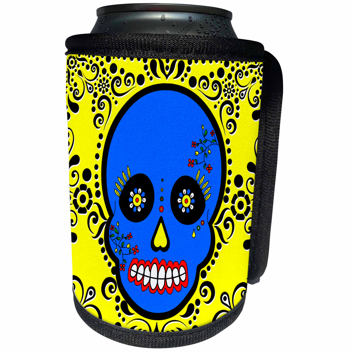 3dRose Janna Salak Designs Day of the Dead - Day of the Dead Skull Día de los Muertos Sugar Skull Blue Yellow Black Scroll Design - Can Cooler Bottle Wrap (cc_28875)