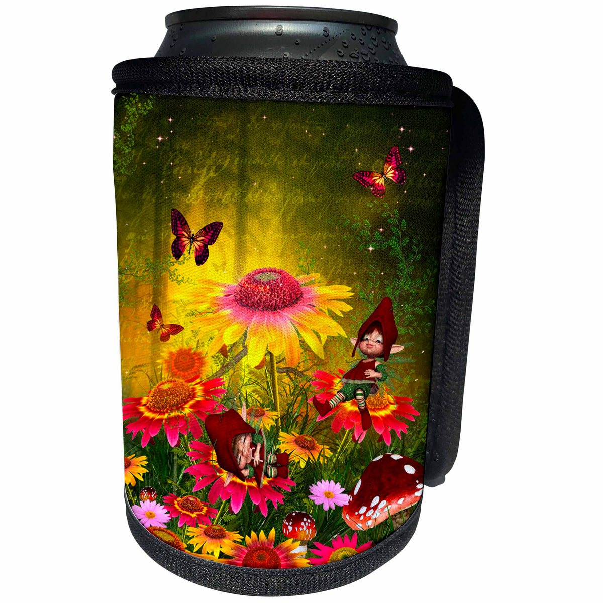 3dRose Spiritual Awakenings Fairies - They are just two cute, little gnome fairies in a sunflower garden - Can Cooler Bottle Wrap (cc_288757)