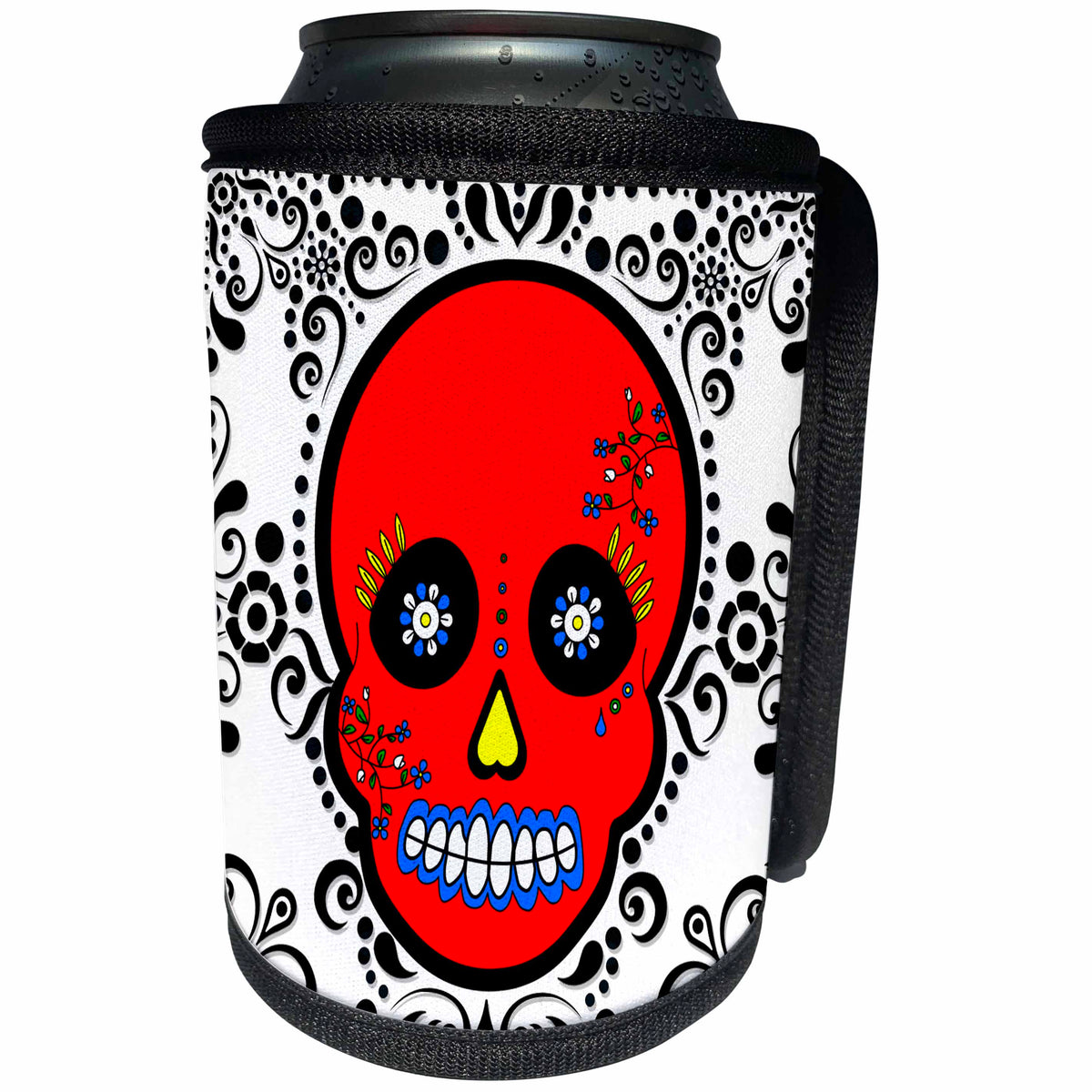 3dRose Janna Salak Designs Day of the Dead - Day of the Dead Skull Día de los Muertos Sugar Skull Red White Black Scroll Design - Can Cooler Bottle Wrap (cc_28877)