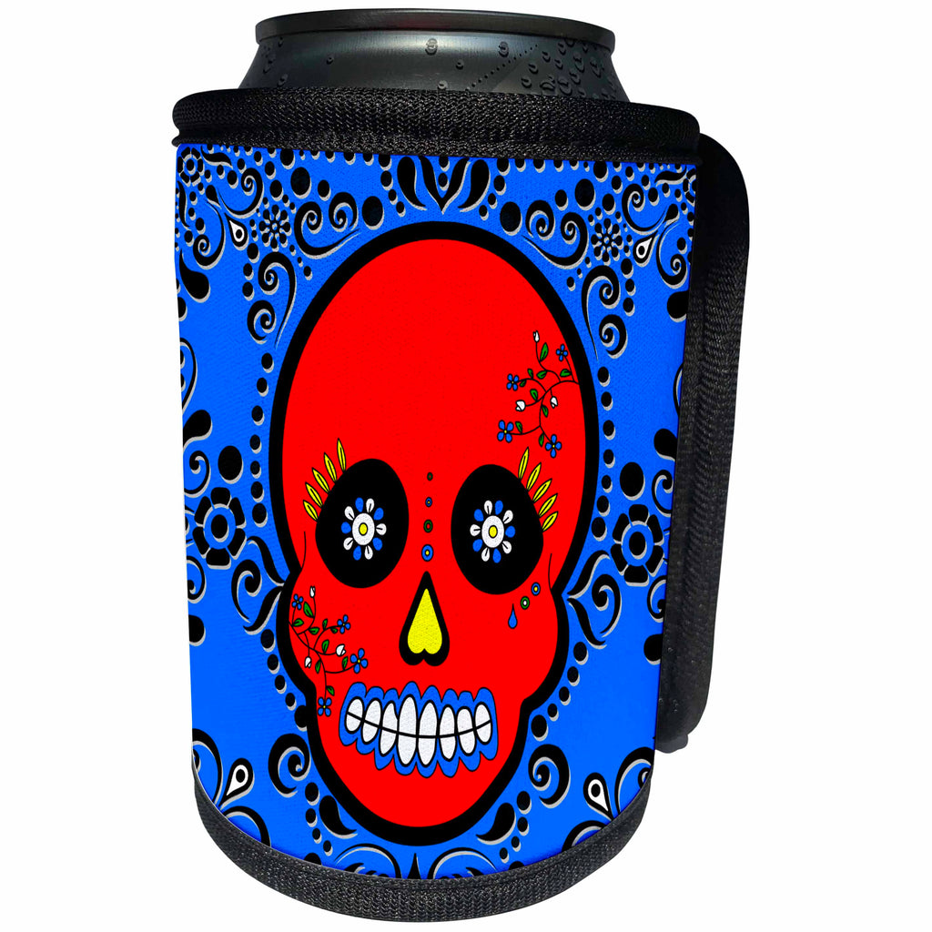 3dRose Janna Salak Designs Day of the Dead - Day of the Dead Skull Día de los Muertos Sugar Skull Red Blue Black Scroll Design - Can Cooler Bottle Wrap (cc_28878)