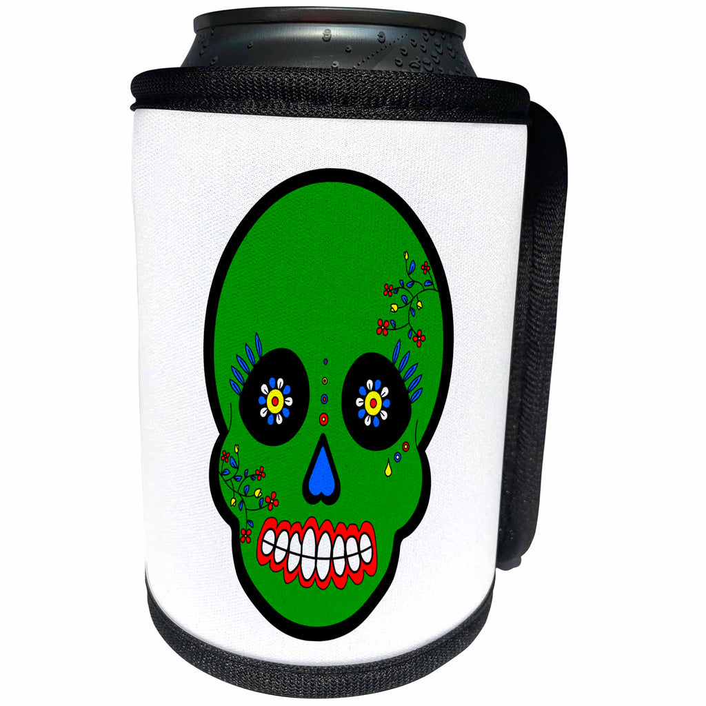 3dRose Janna Salak Designs Day of the Dead - Day of the Dead Skull Día de los Muertos Sugar Skull Green Black Scroll Design - Can Cooler Bottle Wrap (cc_28879)
