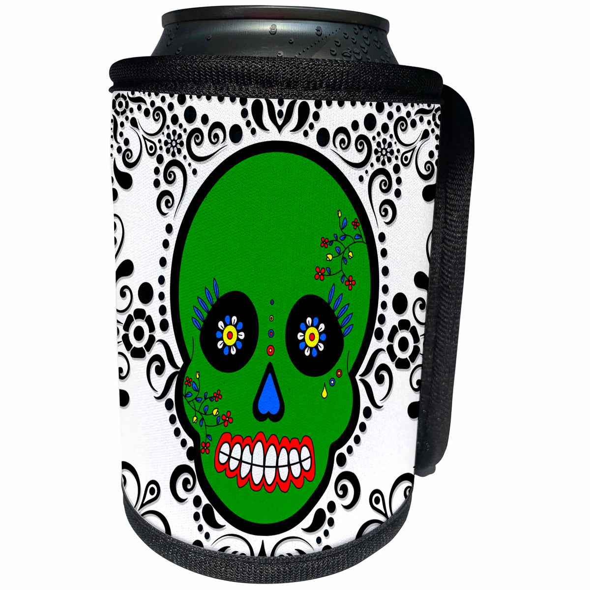 3dRose Janna Salak Designs Day of the Dead - Day of the Dead Skull Día de los Muertos Sugar Skull Green White Black Scroll Design - Can Cooler Bottle Wrap (cc_28880)