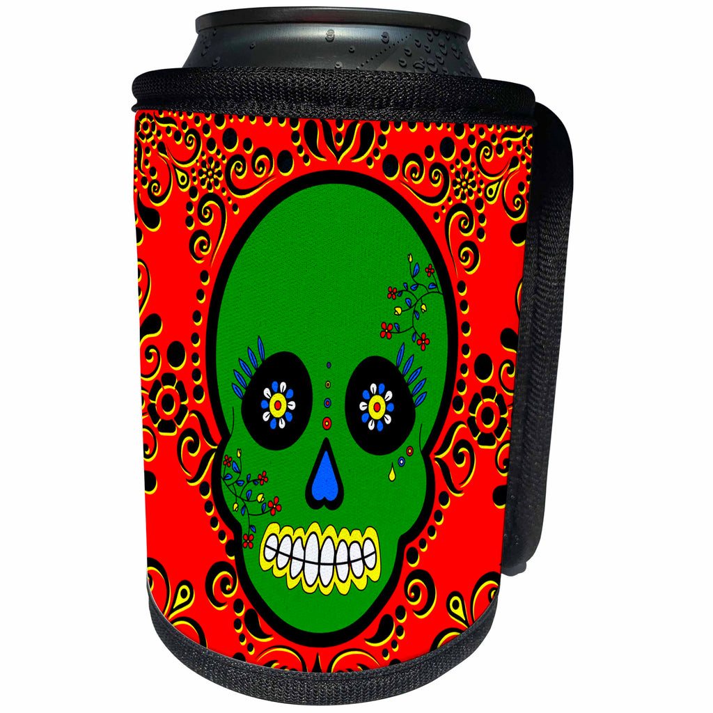 3dRose Janna Salak Designs Day of the Dead - Day of the Dead Skull Día de los Muertos Sugar Skull Green Red Black Scroll Design - Can Cooler Bottle Wrap (cc_28881)