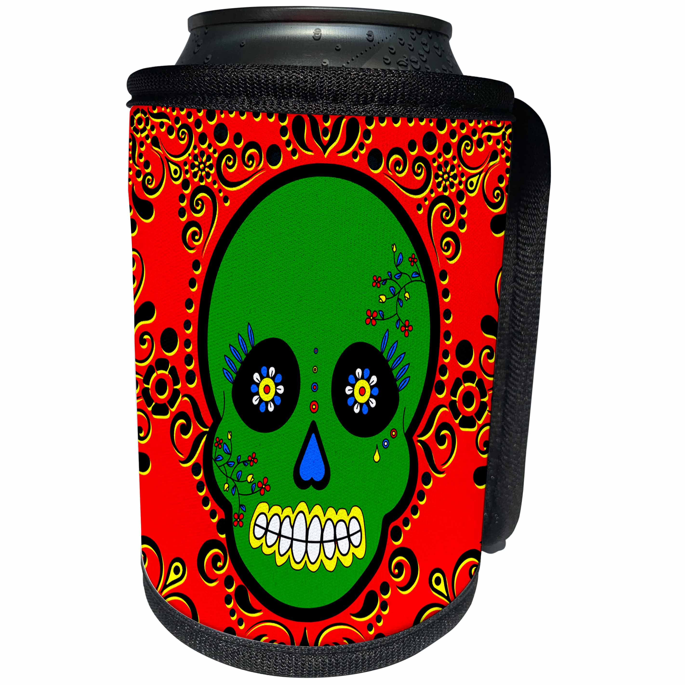 3dRose Janna Salak Designs Day of the Dead - Day of the Dead Skull Día de los Muertos Sugar Skull Green Red Black Scroll Design - Can Cooler Bottle Wrap (cc_28881)