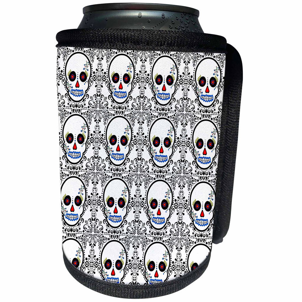 3dRose Janna Salak Designs Day of the Dead - Day of the Dead Skull Día de los Muertos Sugar Skull Print White - Can Cooler Bottle Wrap (cc_28882)
