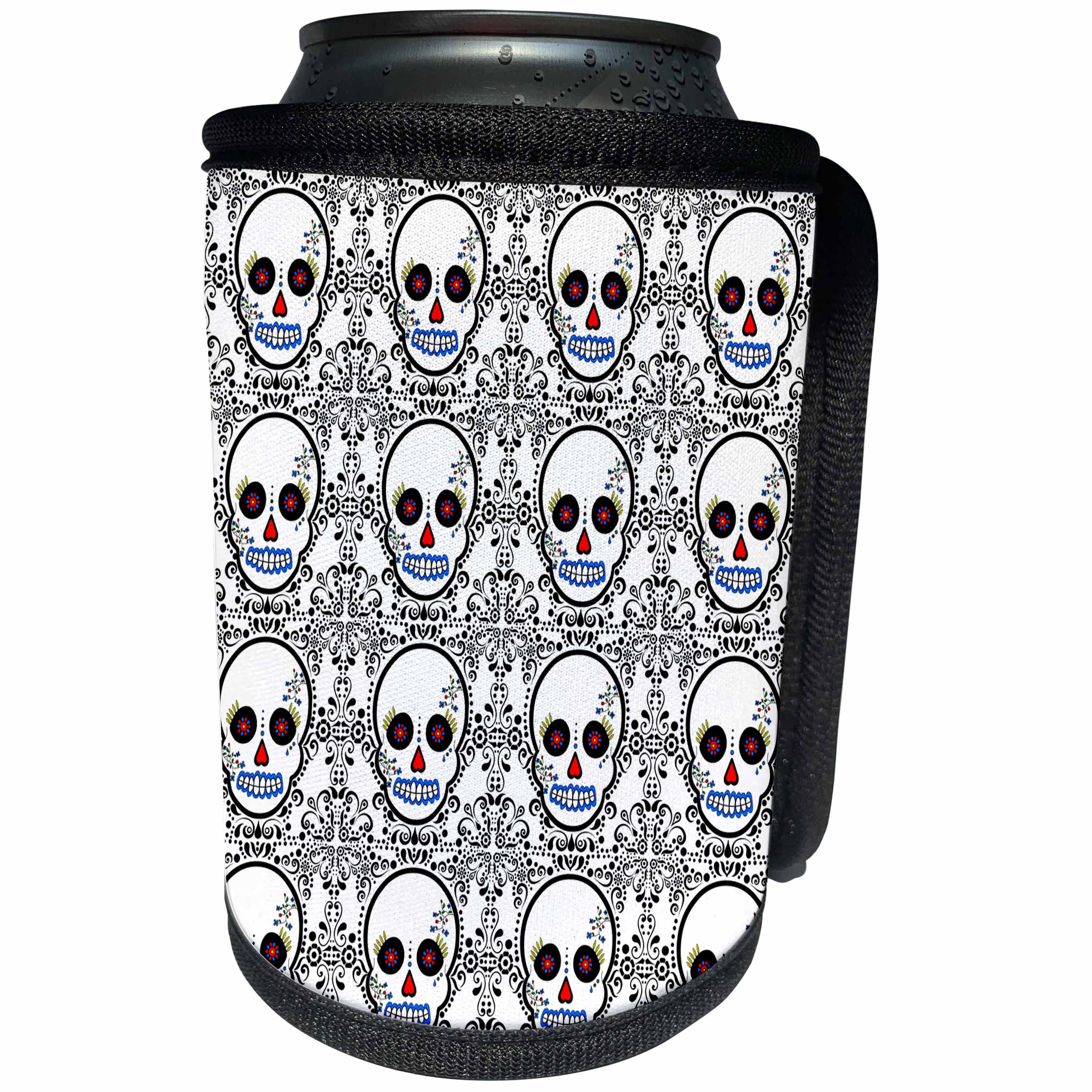 3dRose Janna Salak Designs Day of the Dead - Day of the Dead Skull Día de los Muertos Sugar Skull Print White - Can Cooler Bottle Wrap (cc_28882)